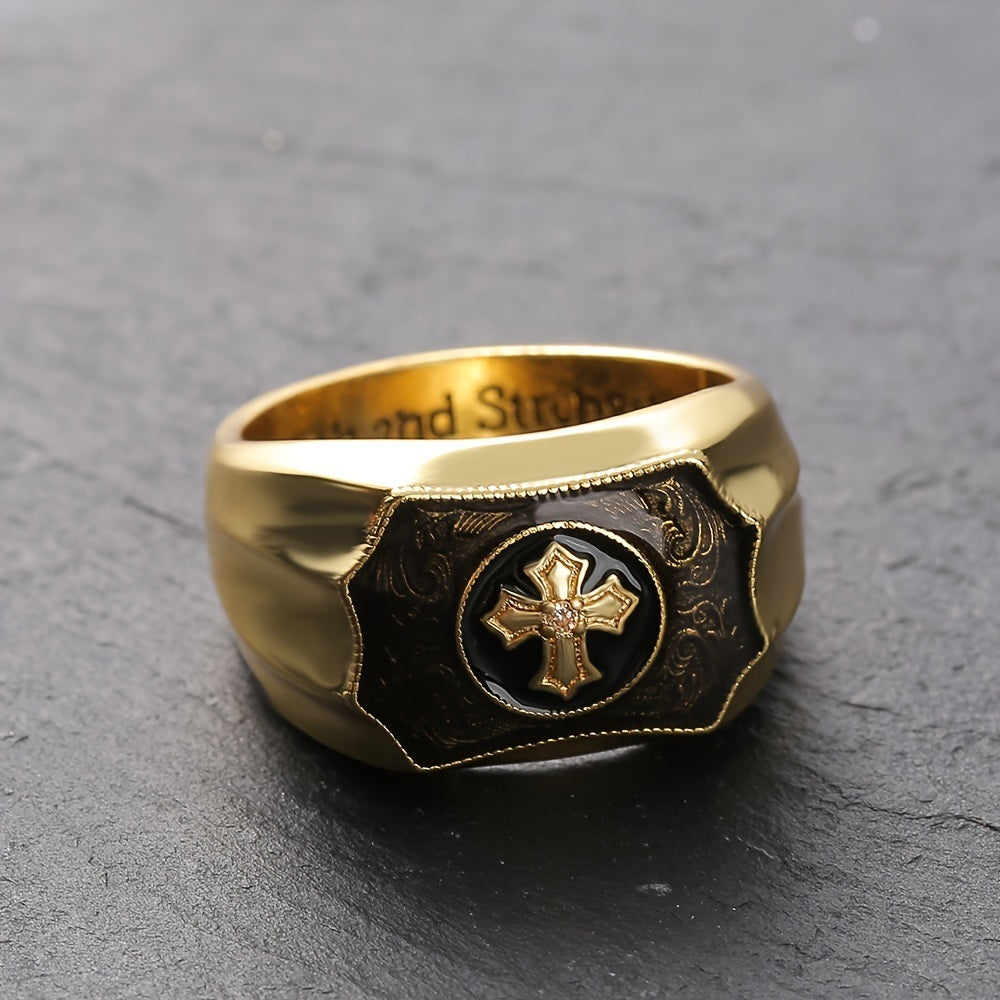 Golden Plated Cross Ring For Men